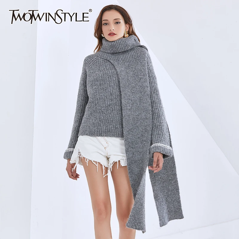

TWOTWINSTYLE Casual Sweater For Women Turtleneck Long Sleeve With Scarf Knitting Pullovers Thick Sweaters Female 2020 Clothing