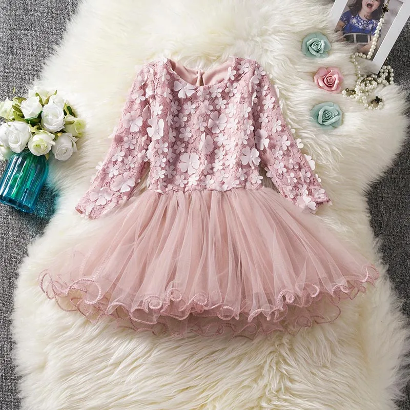 Осенне-весеннее платье-пачка с круглым вырезом и длинными рукавами для маленьких девочек; Сетчатое платье принцессы для девочек 2-8 лет