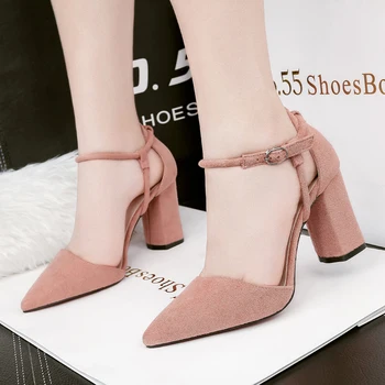 

zapatos de mujer block heel shoes woman high heels sandals women fashion pointed toe buckle shallow office sandalias NO.55 Shoes