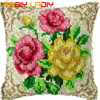 

Latch Hook Cushion Pink & Yellow Rose Pillow Case Acrylic Yarn Sofa Pillow Printed Canvas Crochet Cushion Cover Arts & Crafts