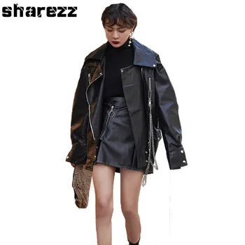 

Sharezz Spring Autumn Faux Leather Jacket Loose Fit Long Sleeve BF Zipper Chains Hip Hop Black Pu Short Coat Fashion Tide Women