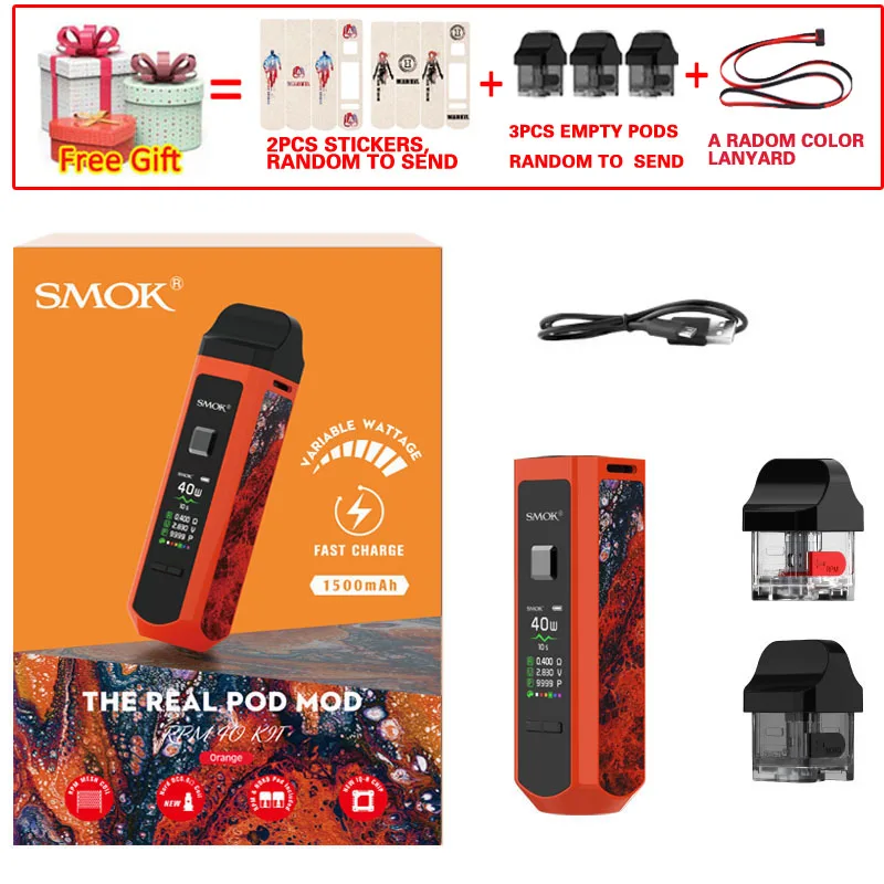Orange Smok портативный Pod Mod 40 Вт набор электронных сигарет SMOK RPM40 Pod Vape 1500 мАч и 4,3 мл об/мин Pod и 4,5 мл об/мин Nord картридж POD Vapor - Цвет: Orange
