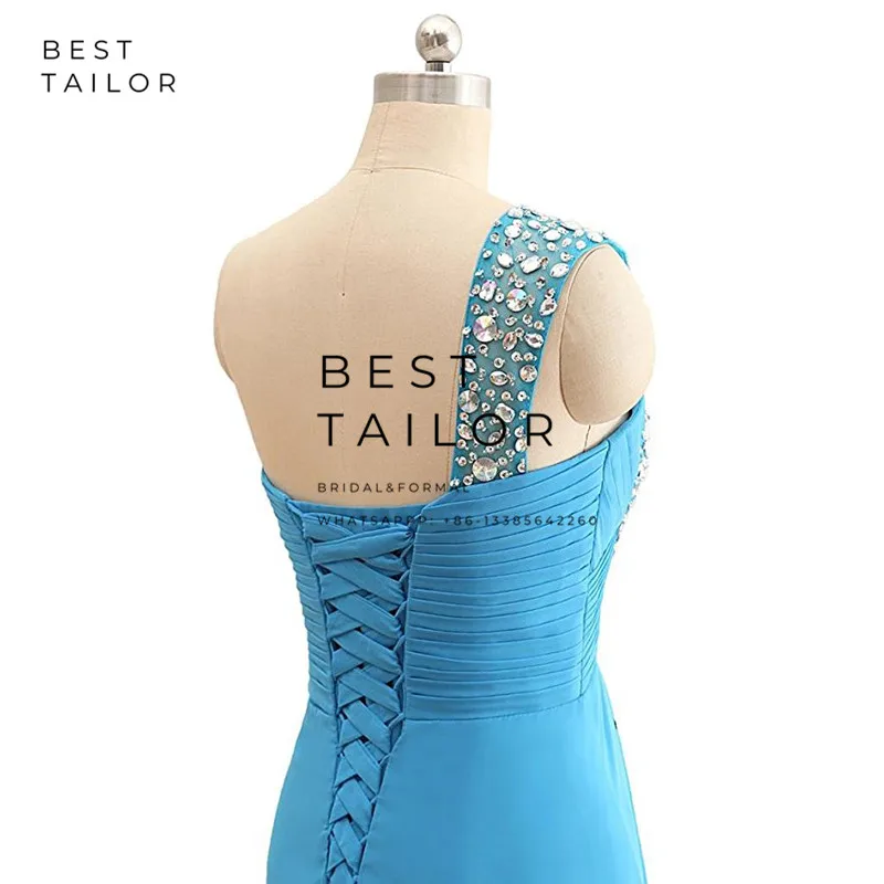 long sleeve prom dresses Blue Prom Dresses 2021 Beads Crrystals One Shoulder Lace Up Long Prom Gowns Turquoise vestido de fiesta largos noche robe soiree ball gown dress