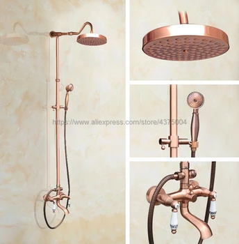 

Antique Red Copper Bathroom Shower Faucet Bath Faucet Mixer Tap With Hand Shower Head Set Wall Mounted Nrg645