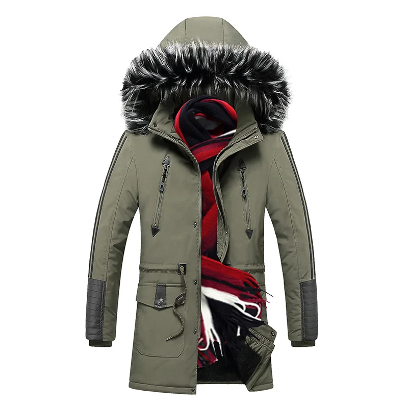 Для Мужчин's Длинная куртка с капюшоном теплые парки Зимний флисовый меховой воротник ветровки Для мужчин Уличная однотонные Цветные парки верхняя одежда - Цвет: Green HQ9912