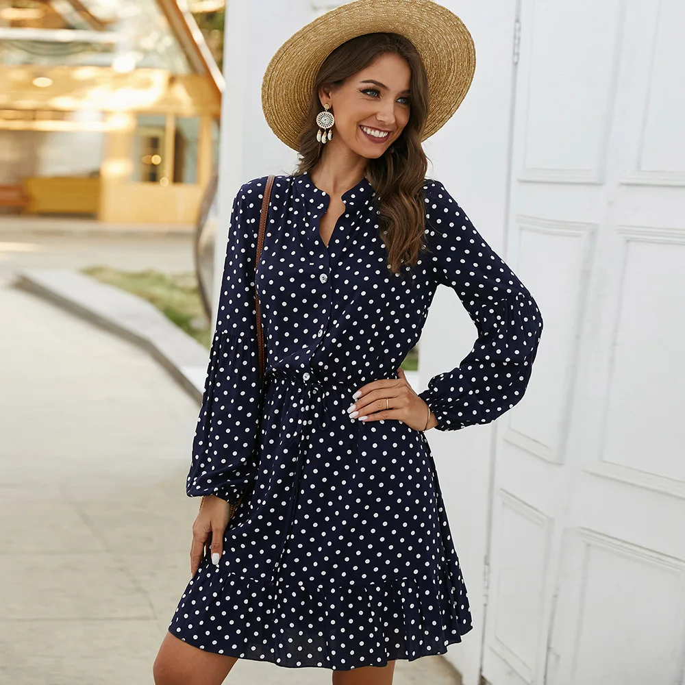 

Vintage Ruffles Dot Print Dress Women Full Sleeve Stand Collar Button Slim Casual Spring Summer Dress Female 2020 New