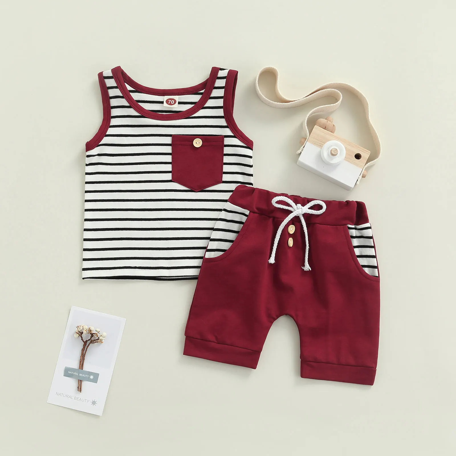 

Toddler Baby Boys Clothes Outfit Striped Print Sleeveless Round Neck Vest Tops with Drawstring Casual Shorts Sets