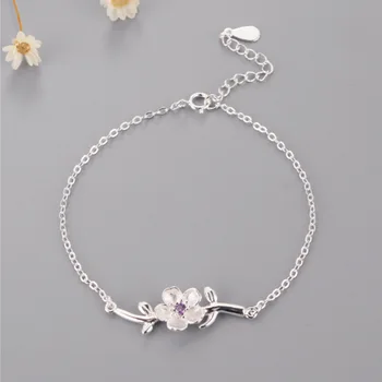 

LISM 925 Sterling Silver Pink Romantic Purple Cherry Blossom Flower Elegant Bracelet For Women Bridal Wedding Accessories