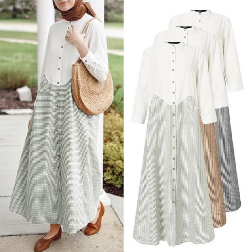 

Ethnic Shirt Linen Maxi Dress Abaya Plaid Gowns Hijab Cardigan Kimono Muslim Long Robe Mubarak Vestidos Eid Ramadan Islamic