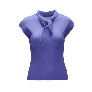 

LANMREM 2020 summer solid color sleeveless tie collar stretch fabrice t-shirt for women simple elegant slim pleated tops YJ319