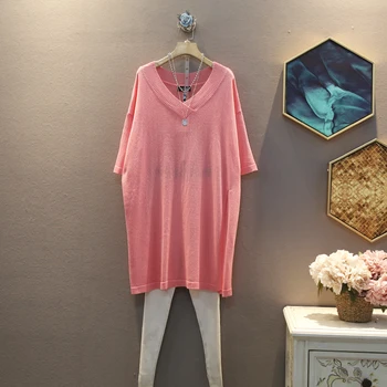 

[EWQ] 2020 Spring Summer New Arrivals V-neck Short Sleeve Solid Pattern Women Casual Loose Was Thin Knee-length Dress AW97001