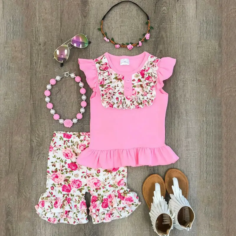 US Toddler Baby Kid Girl Clothes Top T-shirt Floral Ruffle Pants Outfit Summer Set 2PCS 2-7T | Детская одежда и обувь