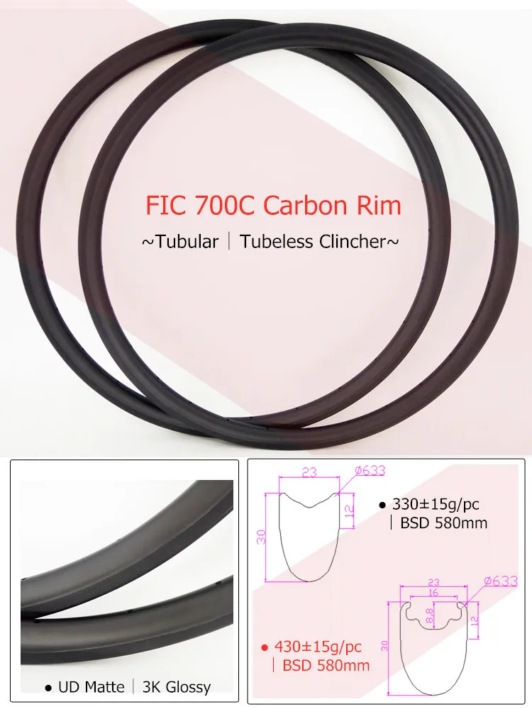 Sale FIC 30mm carbon rim 23mm wide tubular rim 20h 24h 28h road wheel rim basalt brake UD matte 3K glossy tubeless ready clincher rim 0 Sale FIC 30mm carbon rim 23mm wide tubular rim 20h 24h 28h road wheel rim basalt brake UD matte 3K glossy tubeless ready clincher rim 0