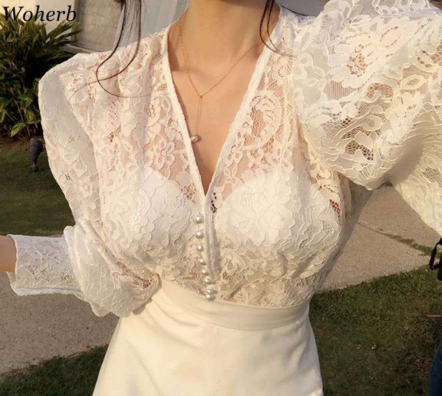 

Woherb Spring Summer Lace Blouse Women Tops Sexy Mesh Shirt See-through Long Puff Sleeve V-neck Blusas Korean Fashion Blouses