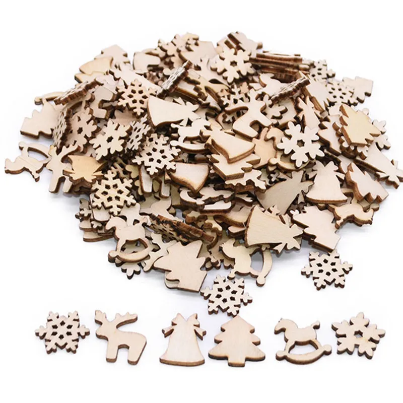 

100pcs DIY Wooden Christmas Tree Decora Snowflake Pendants Merry Christmas Party Ornament New Year Xmas Mini Confetti Kids Gifts