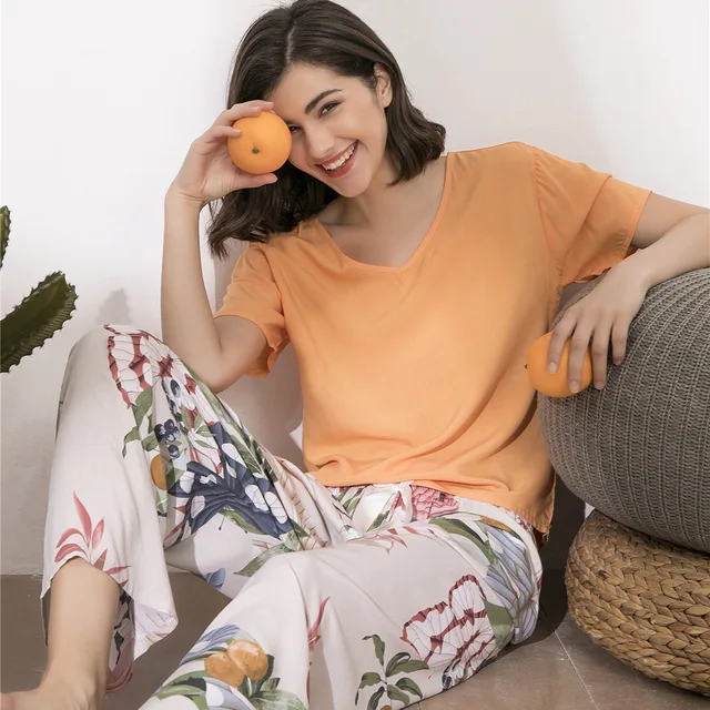 Breathable 2PCS Pajama Short Sleeve Printed Pijama Mujer Femme Loose Nightwear Suit Female Casual Homewear Pajama Set For Women W