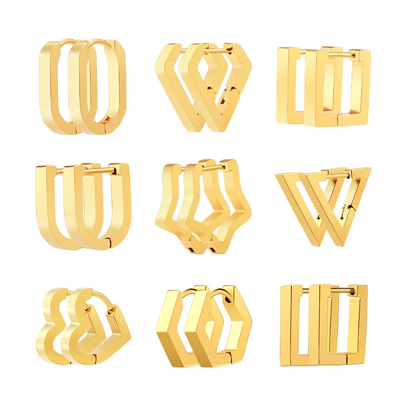 Fashion Personality Geometric Triangle Square Star Heart U Shape Hoop Earrings Men Women Stainless Steel Punk Piercing Jewelry