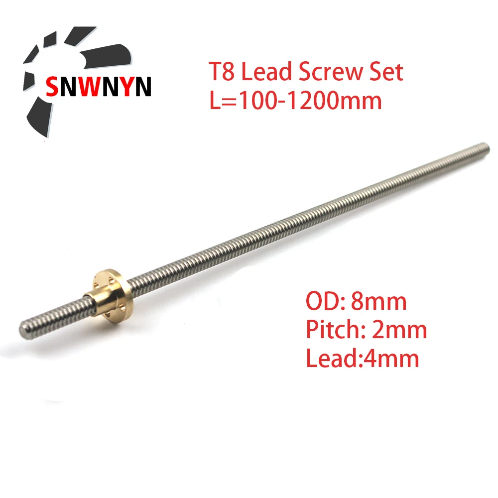 T8 Lead Screw Rod OD8mm Pitch 2mm Lead 8mm/2mm Length 100mm-1200mm & Brass Nut 