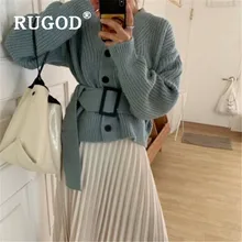 RUGOD, толстый теплый зимний женский свитер, модная туника с поясом, v-образный вырез, длинный рукав, кардиган, Женский однотонный вязаный свитер, пальто