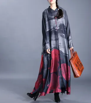 

Spring New Retro Stand Collar Single Breasted Female Dress Chinese Style Cardigan Printed Coat + Slim Vest Dress Two Piece Suits
