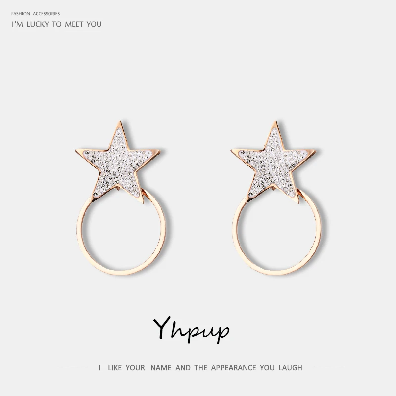Yhpup, модные круглые геометрические серьги-гвоздики со звездами, стразы из нержавеющей стали, шикарные серьги высокого качества для женщин, вечерние серьги