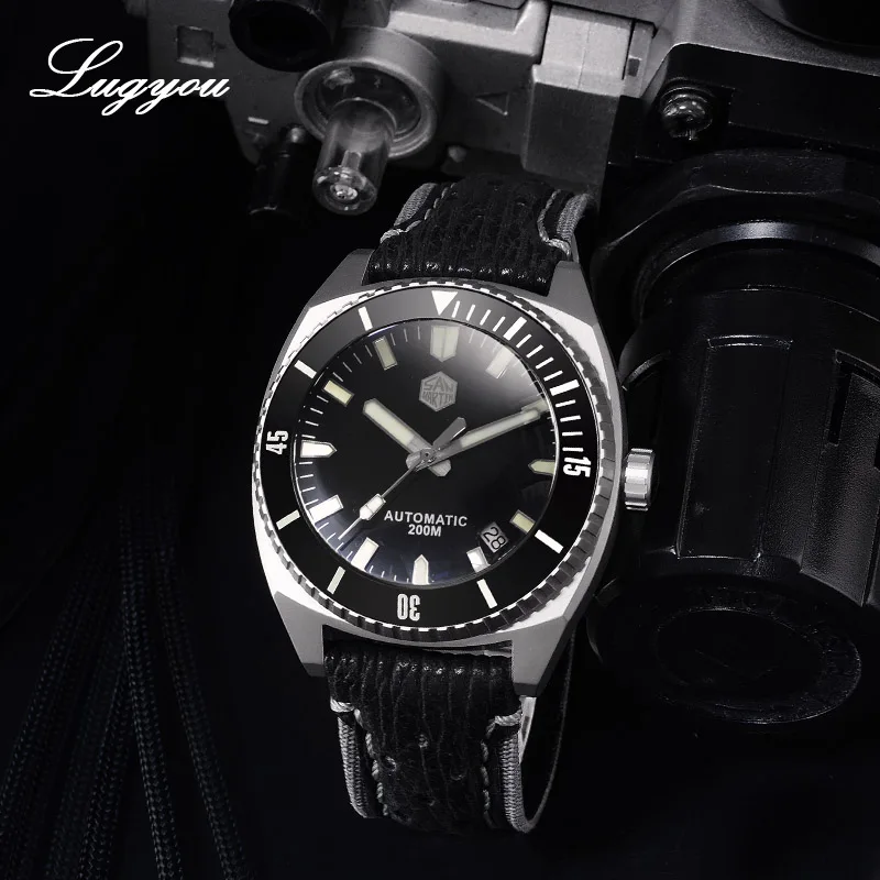 Lugyou San Martin Diver Мужские часы титан 5 класса куполообразный Сапфир Автоматический Швейцарский ETA2824 Акула Кожаный ремешок Супер светящийся черный - Цвет: With Date