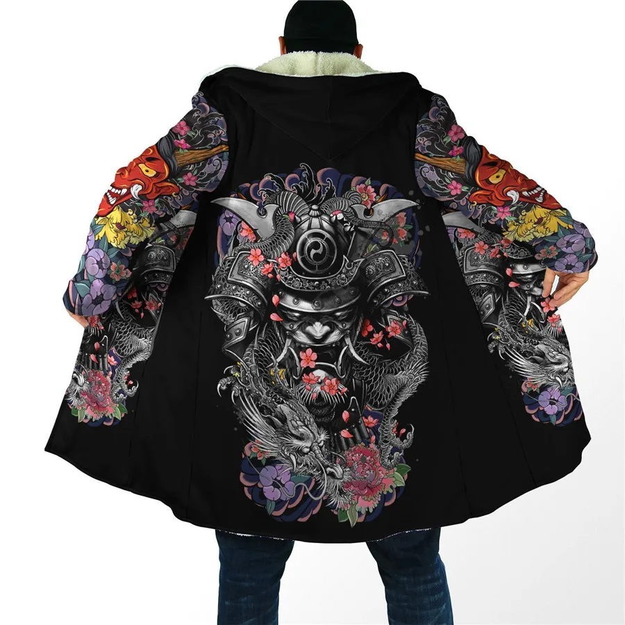 Winter Men For Women Hooded Cloak Samurai and Dragon Tattoo 3D Over Printed Cloak Fleece Wind breaker Warm Hood Cloak