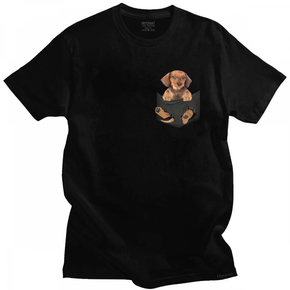 Hummor Dachshund In Pocket Tshirt Men's Soft Cotton Pet Dog Tee Tops O-neck Short Sleeve Summer T-shirt Printed T Shirt Merch | Мужская