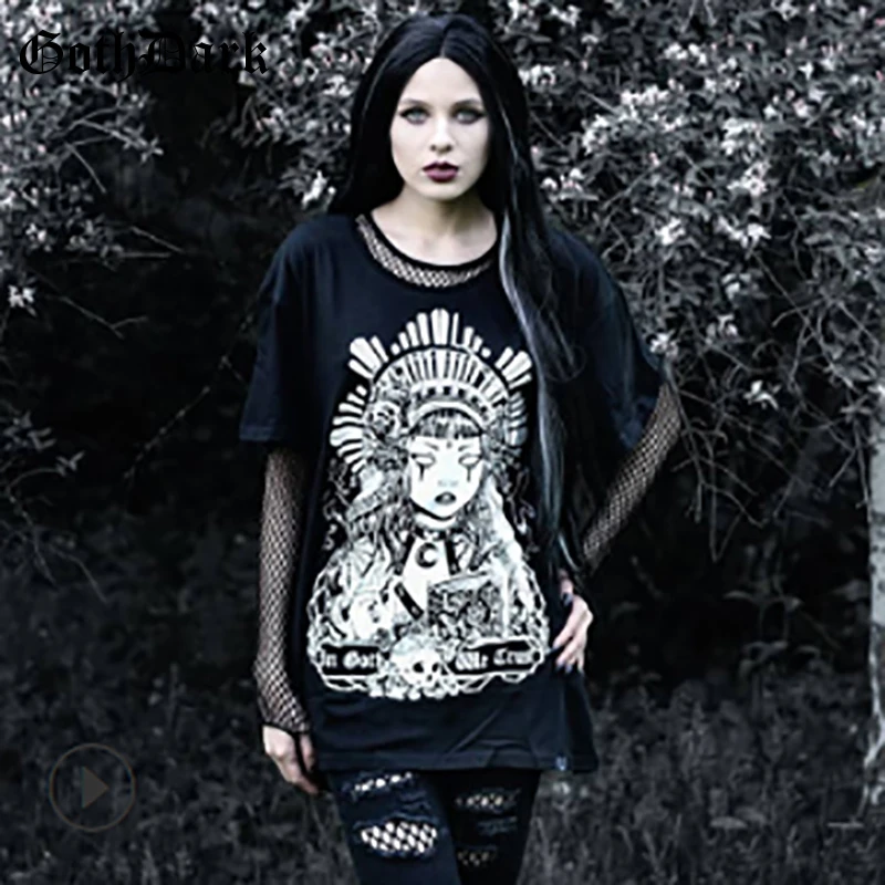 Женская футболка с принтом Goth Dark, уличная летняя футболка в стиле Харадзюку, черная свободная футболка с принтом