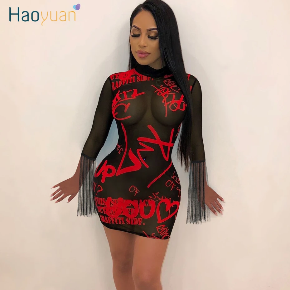 

HAOYUAN Sexy Mesh Sheer Bodycon Dress Women Clothes Fall Vestidos Fringe Half Sleeve Short Mini Dress Night Party Club Dresses