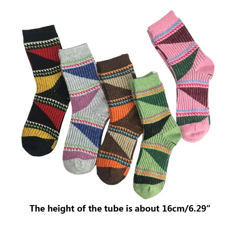 5 пар, женские носки унисекс для девочек, шерстяные теплые зимние толстые винтажные носки с геометрическим принтом, 40JF