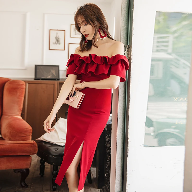 

YIGELILA Autumn New Arrivals Deep Wine Dress Slash Neck Ruffle Sleeves Solid Dress Short Sleeves Sheath Mid-calf Dress 65360