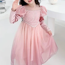 

Autumn Girls' Princess Dress Puff Sleeves Birthday Dress Sequins Shiny Outfits Performance Costume Big Kids Children'S Clothes