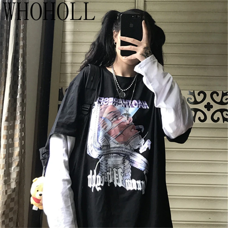 

2020 Autumn Women T-shirts New Fake Two Piece Long Sleeve T-shirt Cartoon Print Loose Casual Splicing Top Fashion