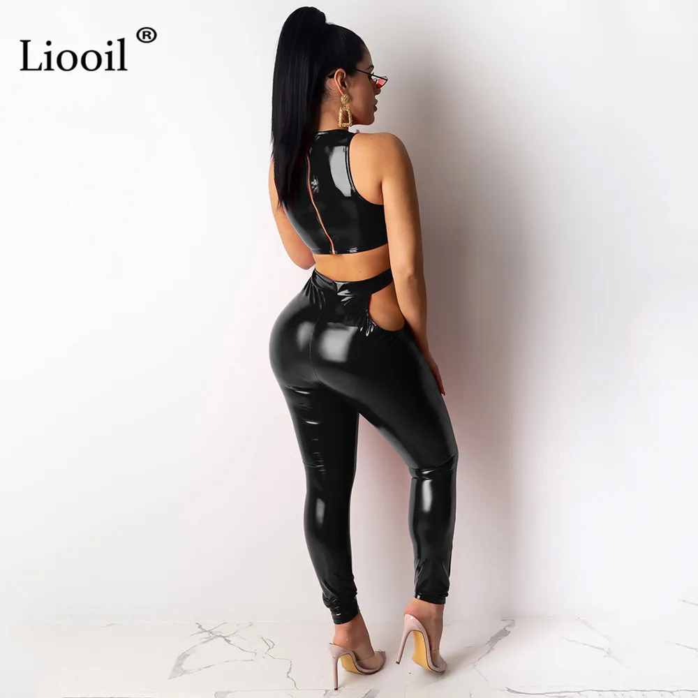 Liooil, сексуальный теплый зимний Облегающий комбинезон из искусственной кожи без рукавов, эластичные вечерние комбинезоны, женский комбинезон