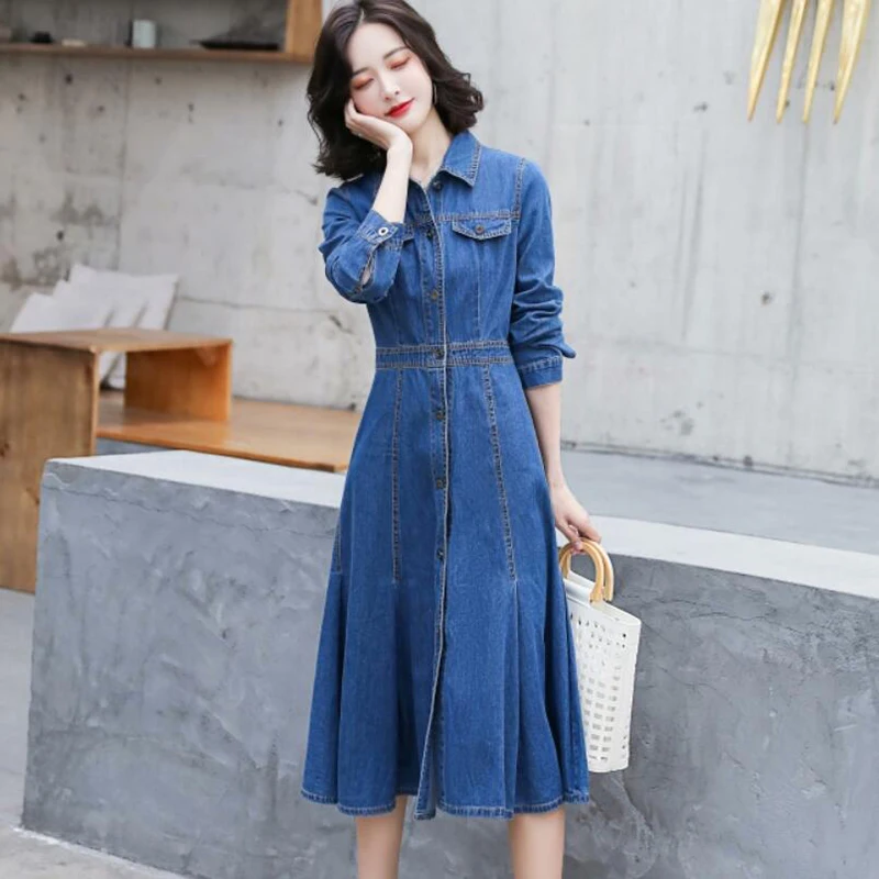 Long Denim Dress Women Spring Autumn 