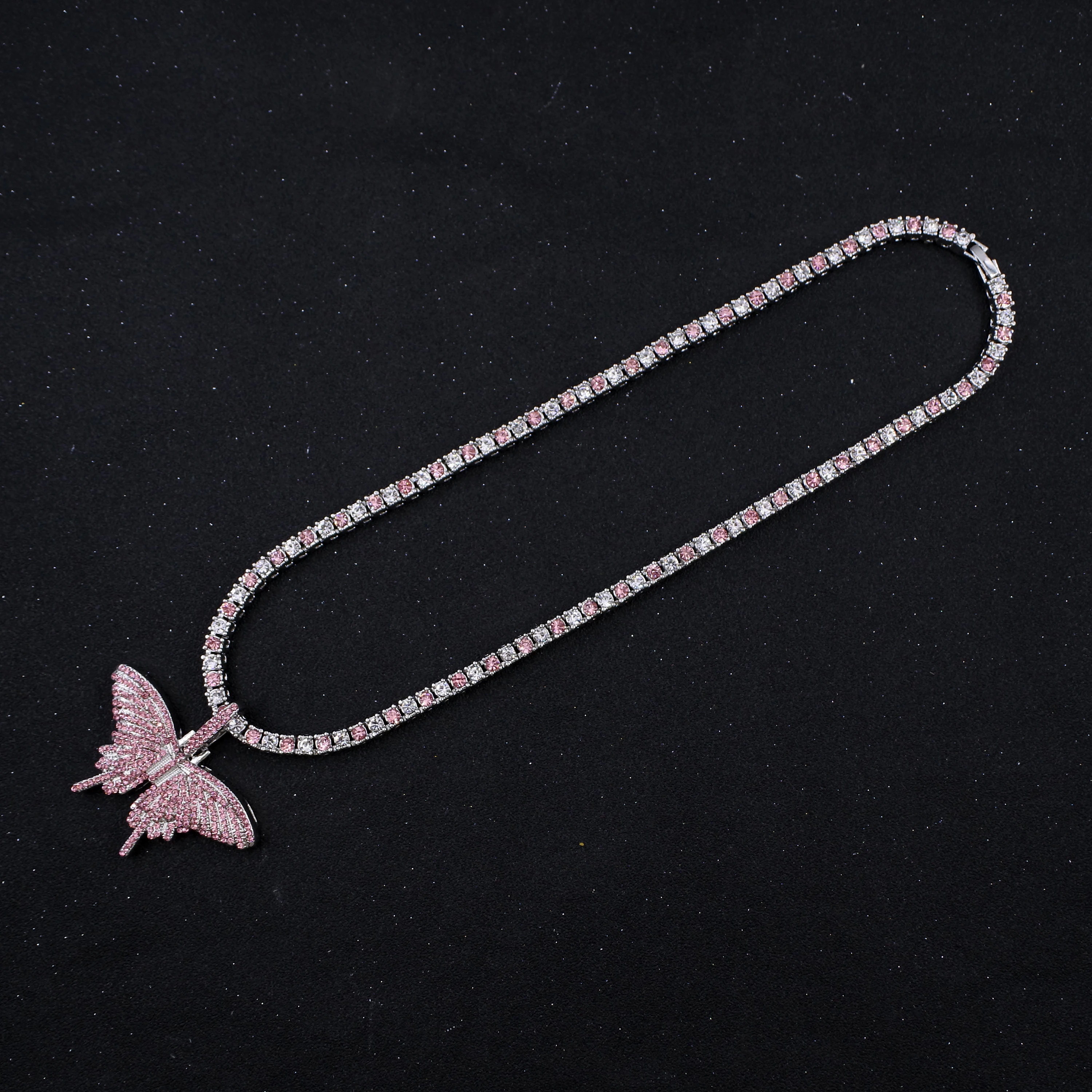 Blue White Crystal 1 Row Tennis Chain Small Butterfly Charm Women's Hip Hop Pendant Necklace Iced Out Men's Jewelry Pink Color