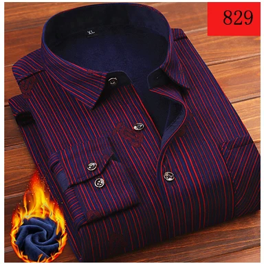 Теплая мужская Повседневная рубашка с добавлением шерсти, приталенная Мужская Повседневная рубашка на пуговицах с длинным рукавом, официальная мужская одежда 4XL - Цвет: 829