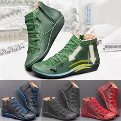 2019 г. Новые женские повседневные кожаные кроссовки на плоской подошве ботинки в стиле ретро на шнуровке ботинки с круглым носком на боковой