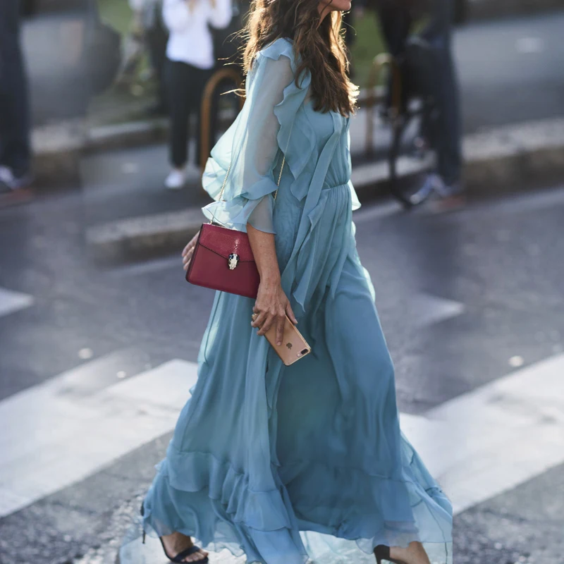 

Summer Vintage Blue Ruffles Long Dresses for Women 2021 Vacation Bohemian V-neck Pleated Maxi Dress Chiffon Vestidos Mujer