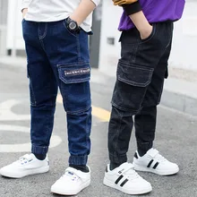 Осенние новые стильные модные джинсы для мальчиков в Корейском стиле с принтом и карманами