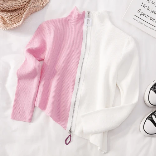 Pink White Женские корейские короткие свитера на молнии, лоскутный кардиган с высоким воротом, необычный тонкий, зимний женский кардиган 13469 - Цвет: Pink White