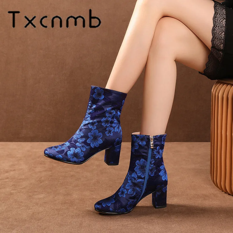 

TXCNMB Vintage Flowers Print Boots Women Ankle Boots Classic High Heel Chelsea Short Boots Party Prom Shoes Woman Szie 34-43