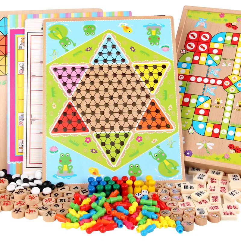 Wooden children's toys 3D Puzzle All in one flying chess, multi-function chess wooden chess 6