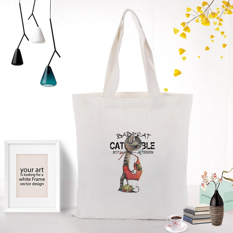 Tote Bag cat Canvas Handbag Shopping Bag Text DIY Daily Use Custom Print Logo Eco Reusable Recycle - Цвет: CATX055