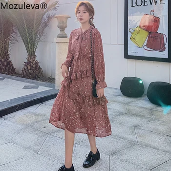 

BornSra Bow Neck Lace-up Floral Print Female Dress Long Sleeve Slim Waist Women Ruffles Chiffon Dress Casual Sweet A-line Dress