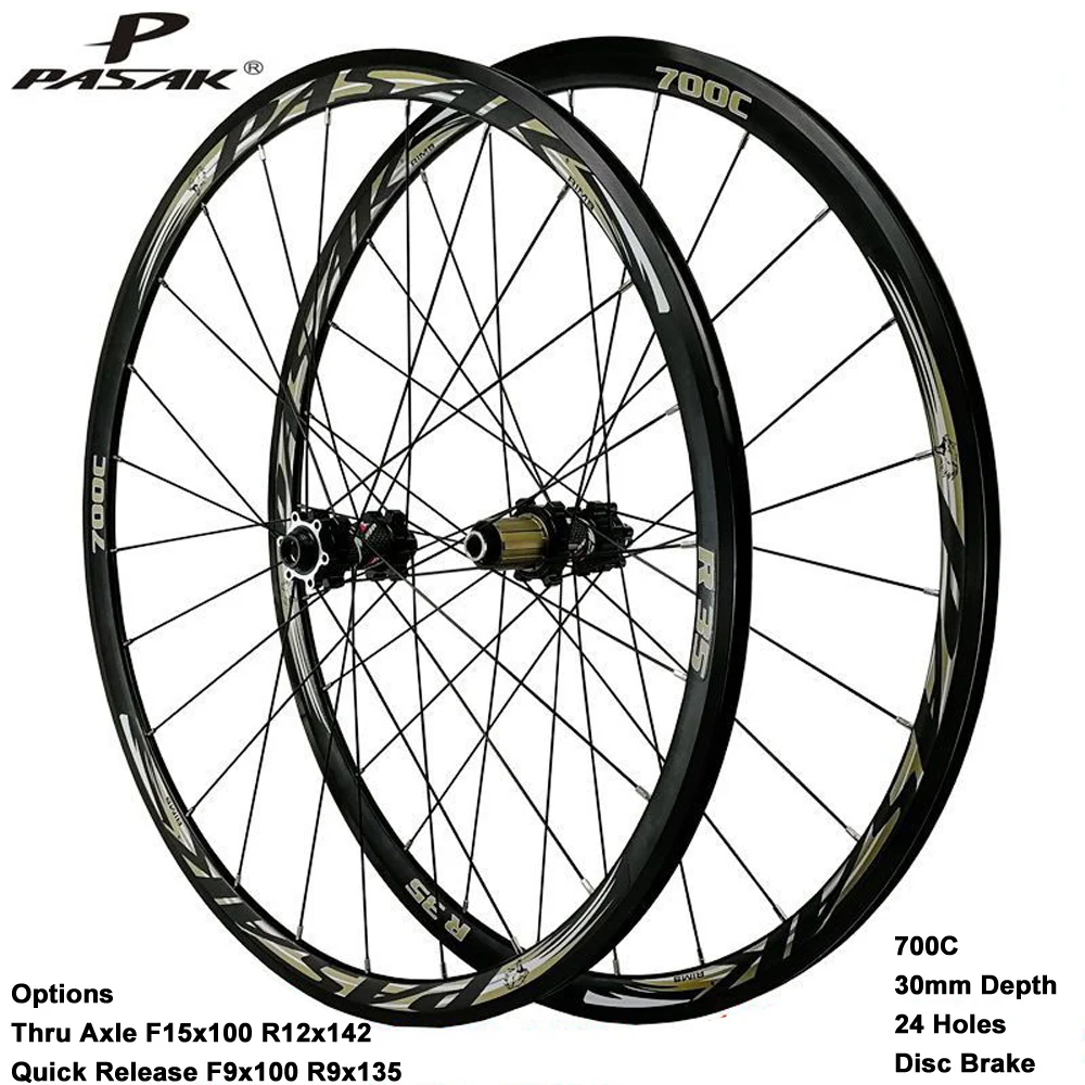 Pasak Road Bike 700c Wheelset 30mm Rim 24 Holes Disc Brake Direct Pull Thru Axle 15*100mm 12*142mm Quick Release 9*100mm 9*135mm