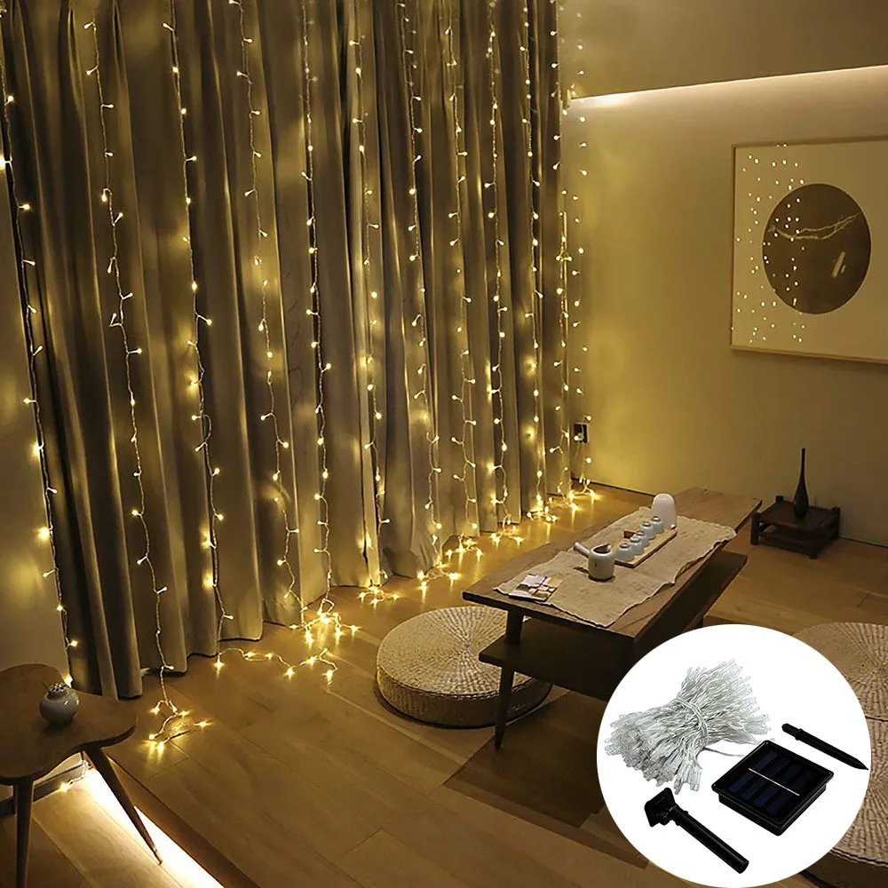

Solar Powered led Icicle Curtain String Lights 8 Modes 3x2/3x3m Waterproof Christmas Garland Lights For Wedding Party Garden