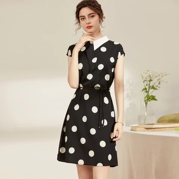 

100% Silk Dress Turn Down Collar Short Sleeves Polka Dots Printed Sash Belt Fashion Casual Short Dresses