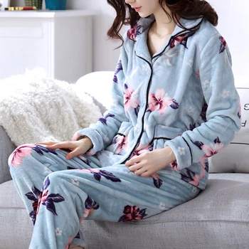 

Women Autumn Winter Flannel Pajama Set Long Sleeve Button Loose Top Elastic Waist Thick Warm Soft Sleepwear Home Clothing